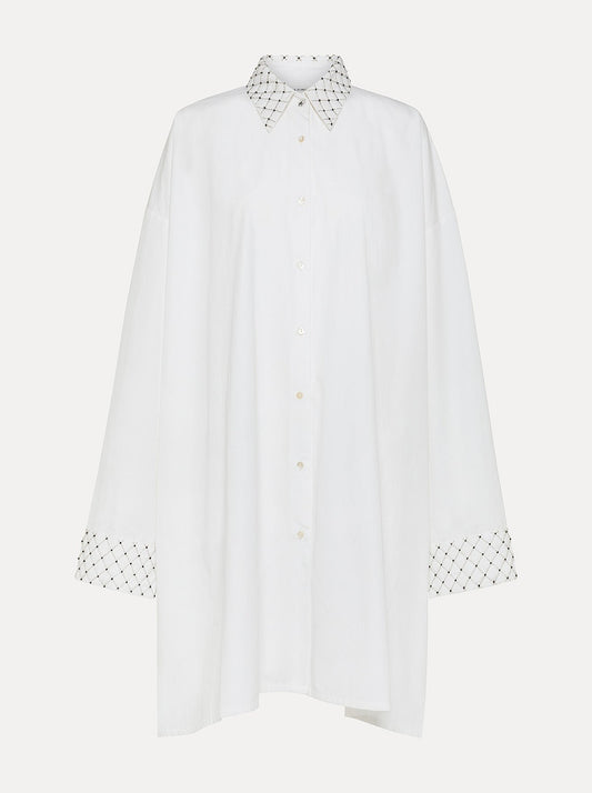 Embroidered Oversized Poplin Shirt Dress in White