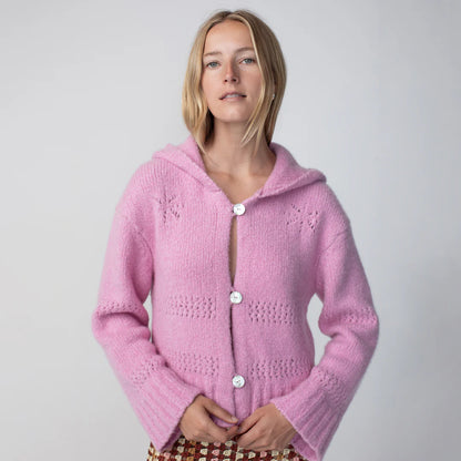 Cashmere Silk Pointelle Hoodie Cardigan Pink