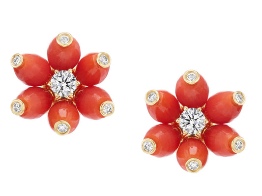 Cactus Flower Studs with Coral and Diamonds