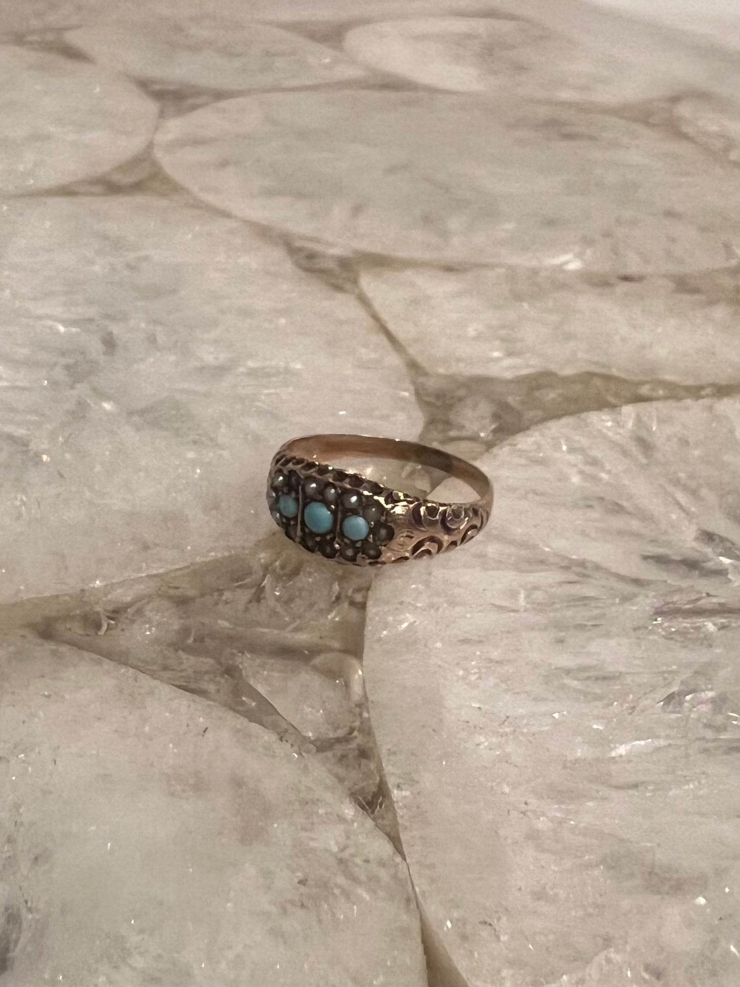 Vintage 14k Victorian Turquoise and Pearl Ring