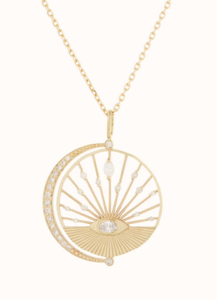 Oval Diamond Eye Moon and Sun Open Chain Necklace