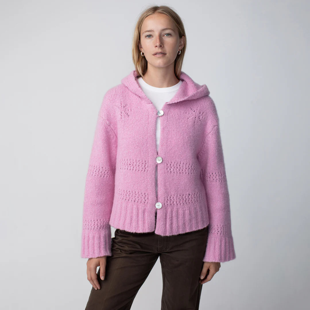 Cashmere Silk Pointelle Hoodie Cardigan Pink