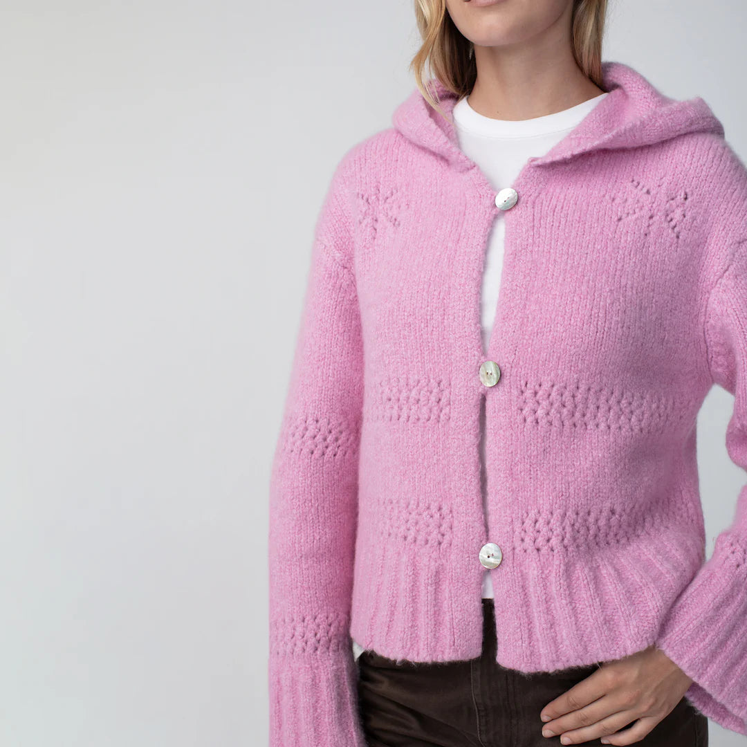 Cashmere Silk Pointelle Hoodie Cardigan Pink