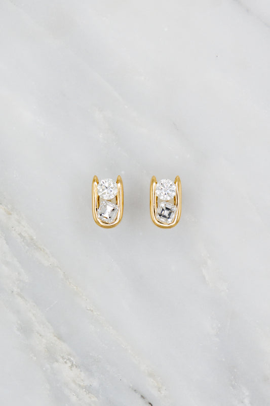 Uniform Object 18k yellow Gold Major Impact Diamond Studs with Asscher Cut and Round Diamonds