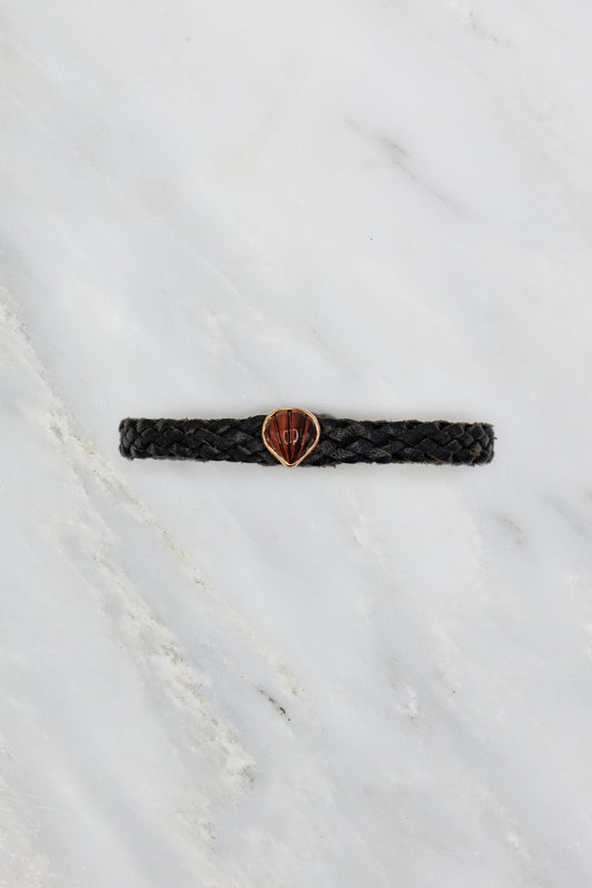 Leather Braided Bracelet with Red Tiger Eye Shell