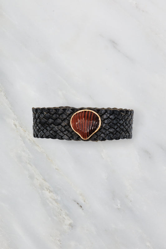 Deszo 18k rose gold carved Tiger Eye woven leather bracelet