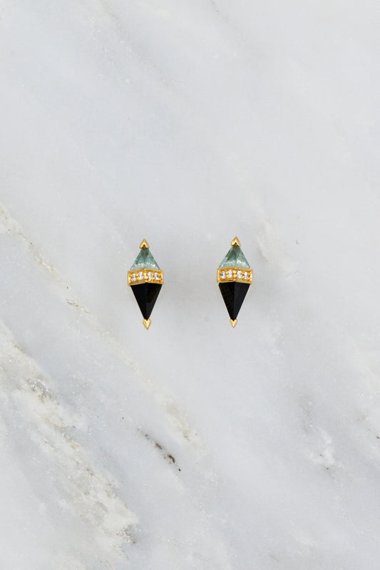 Sorellina 18k yellow gold diamond Pietra Studs with Onyx and Green Quartz