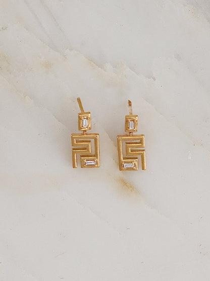 Greek Pattern Diamond Baguette Earrings