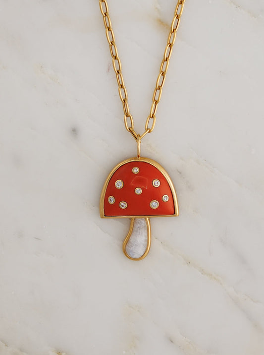 Large Magic Mushroom Pendant with Coral & Rainbow Moonstone and Diamonds