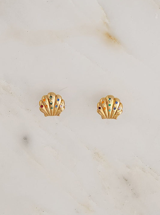 Small Shell Studs with Multi-Colored Sapphires