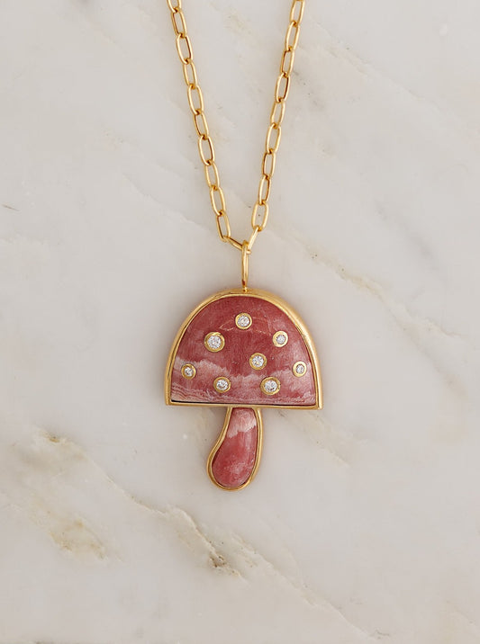 Large Magic Mushroom Pendant with Rhodochrosite and Diamonds