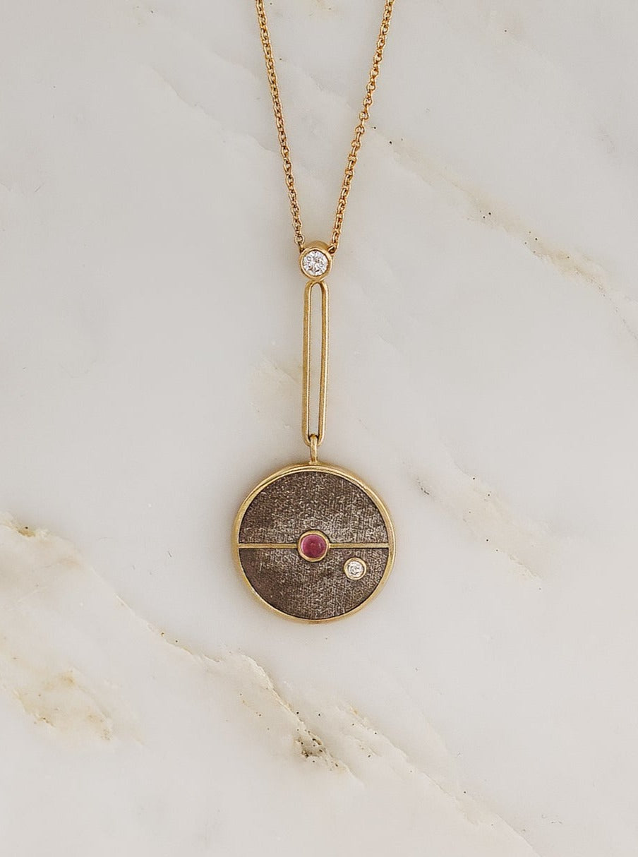 Signature Compass Necklace with Petrified Wood and Rhodolite Garnet