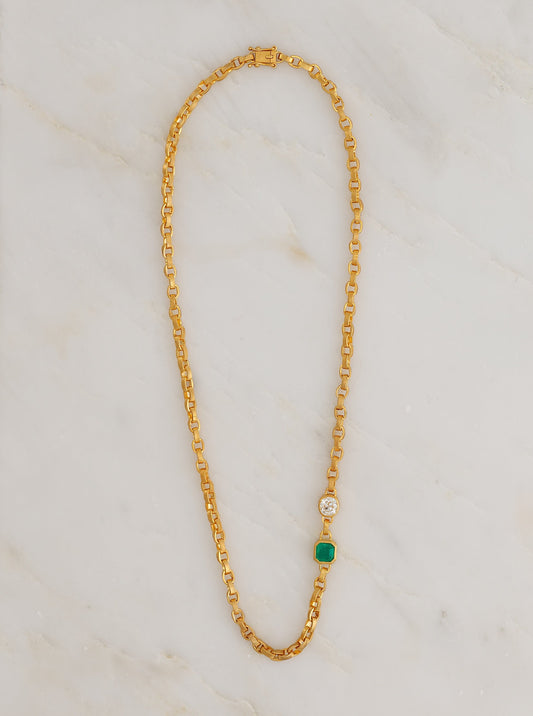 One of a Kind Double Emerald & Diamond Signature Chain Necklace