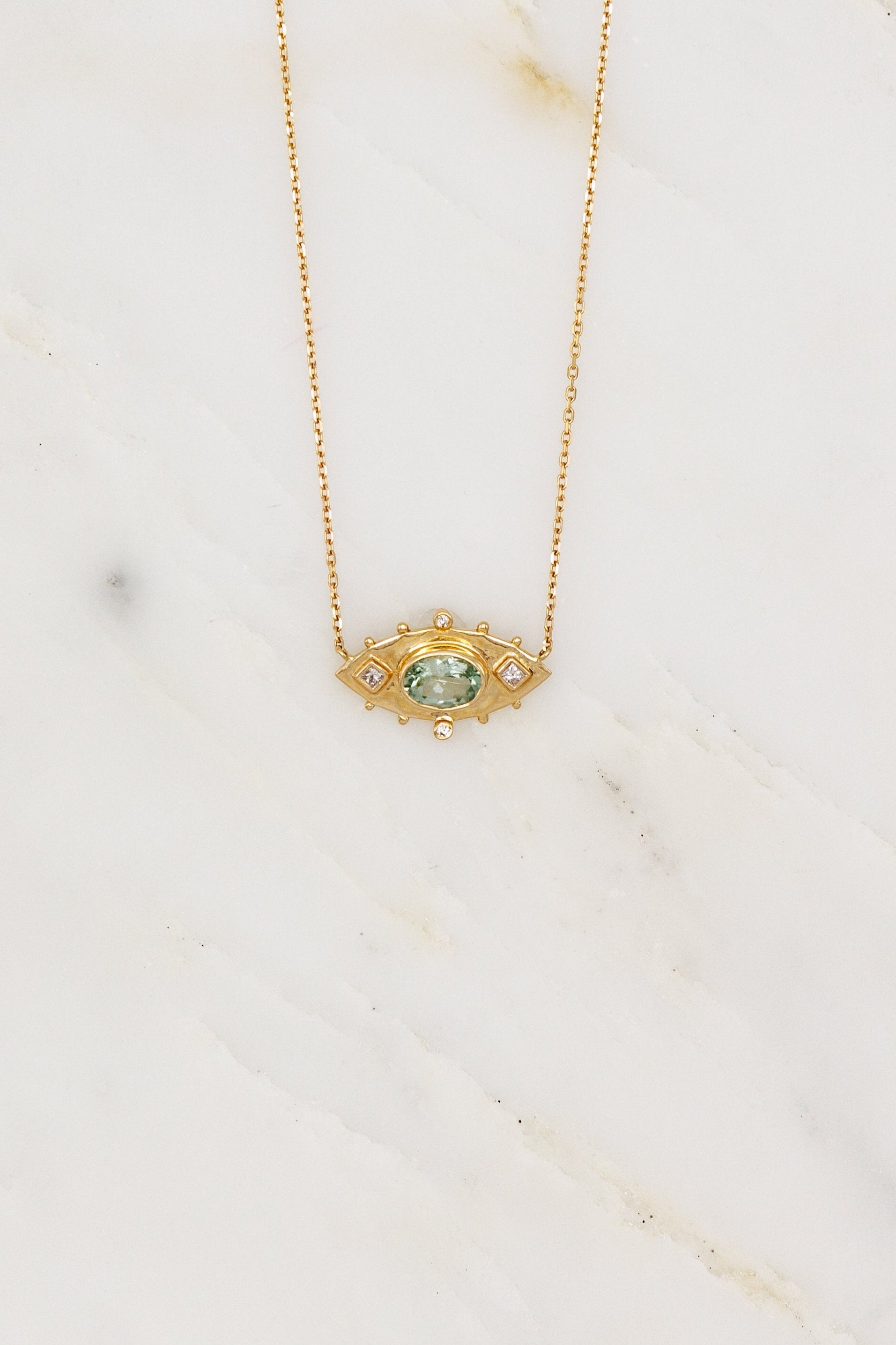 14K YELLOW GOLD TOURMALINE AND DIAMOND EYE NECKLACE