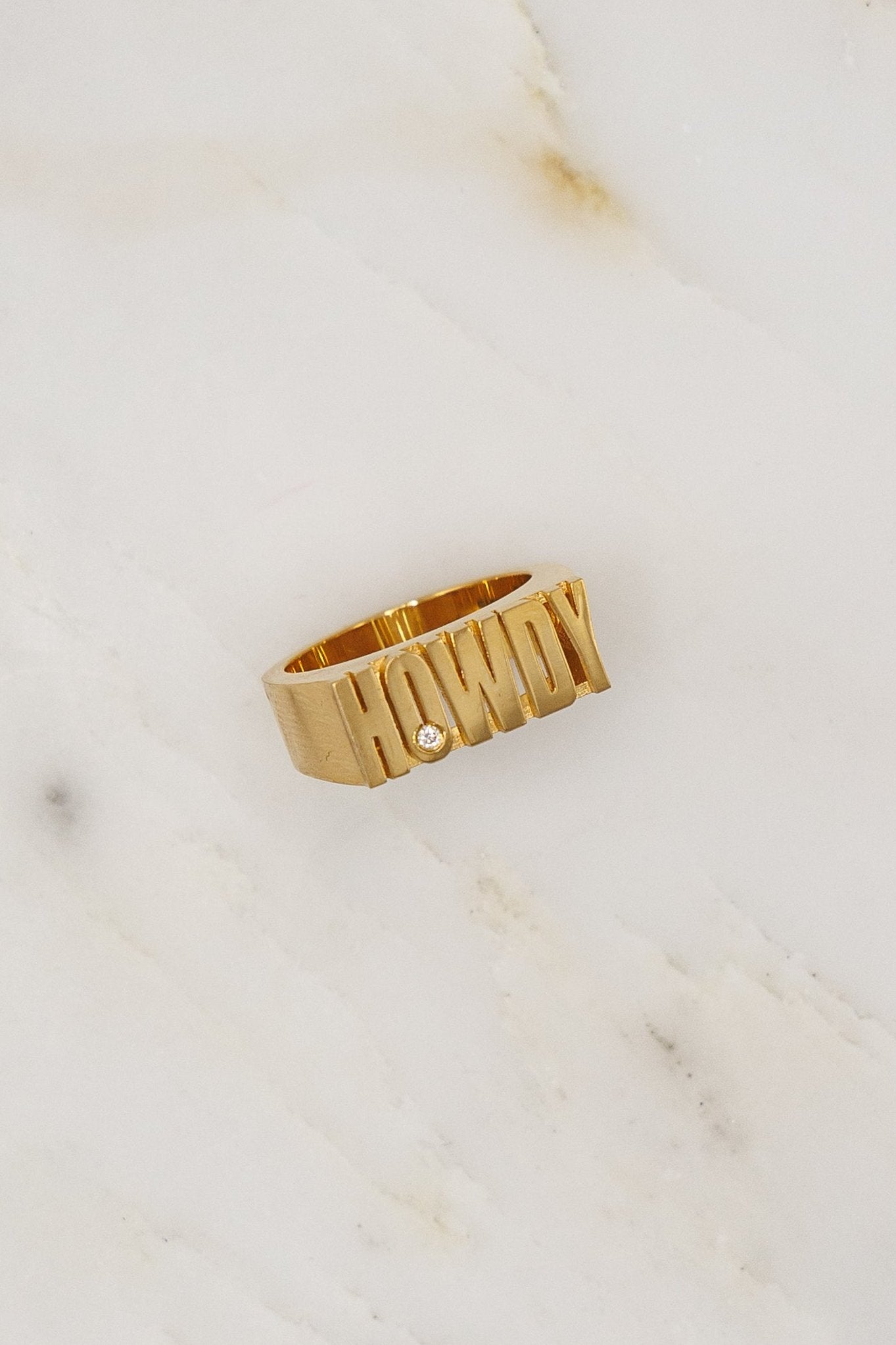 Established jewelry 18k yellow gold diamond howdy word ring