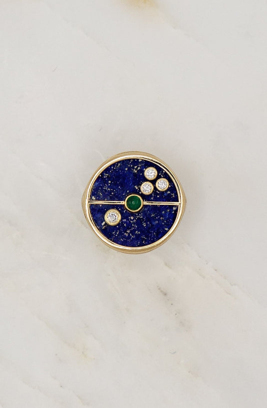 14k yellow gold retrouvai compass signet lapis emerald diamonds