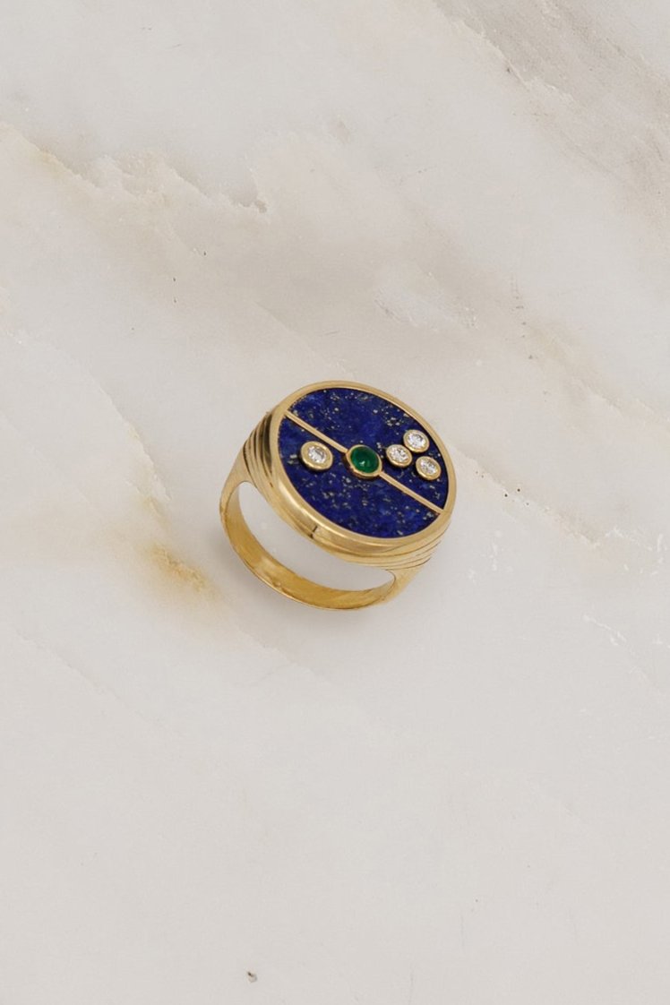 14k yellow gold retrouvai compass signet lapis diamond emerald