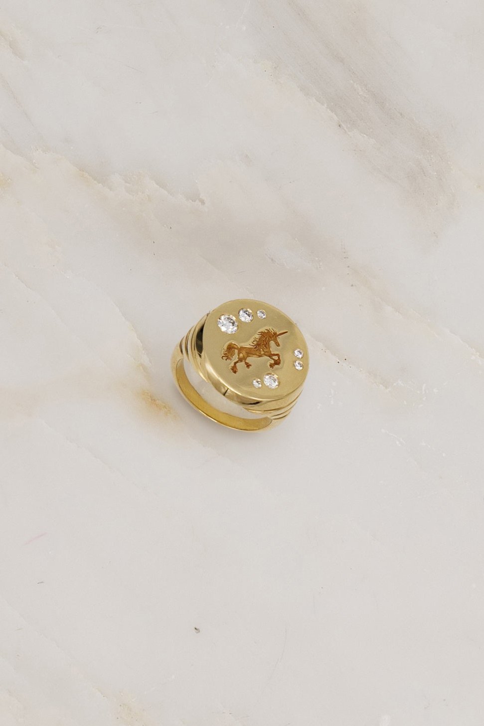 14k yellow gold diamond retrouvai ring unicorn