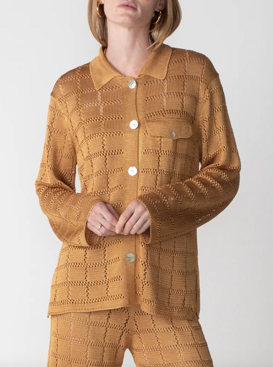 Long Sleeve Crochet Patchwork Shirt in Camel