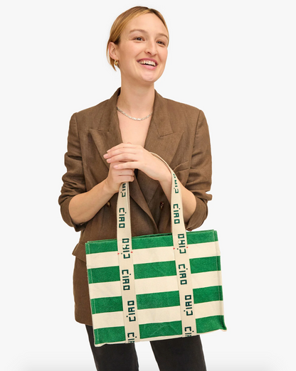 Person holding the Clare V Noemi Bag in Palm Green and Natural Canvas stripe