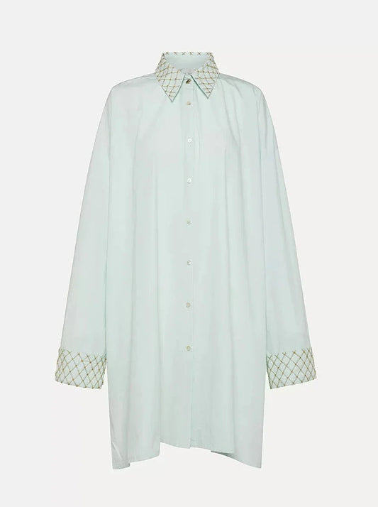 Embroidered Oversized Poplin Shirt Dress in Acqua