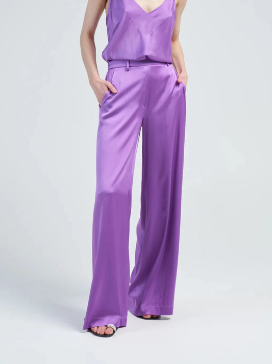 Stretch Silk Satin Wide Leg Pants in Cocktail